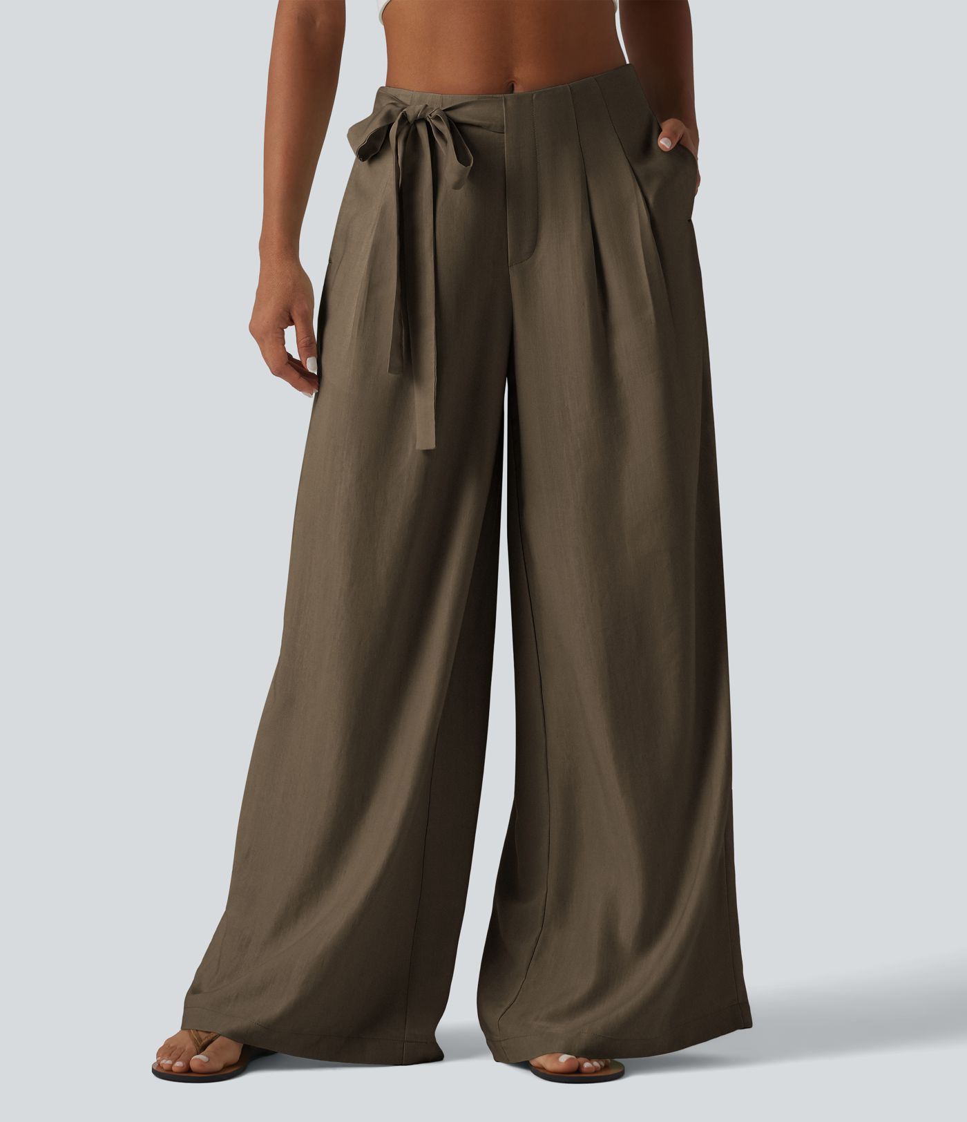 High Waisted Tie Side Baggy Linen-Blend Pants with Pockets