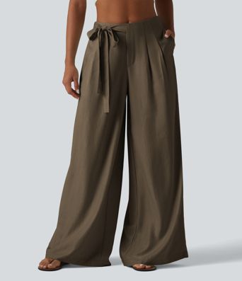 High Waisted Tie Side Baggy Linen-Blend Pants with Pockets