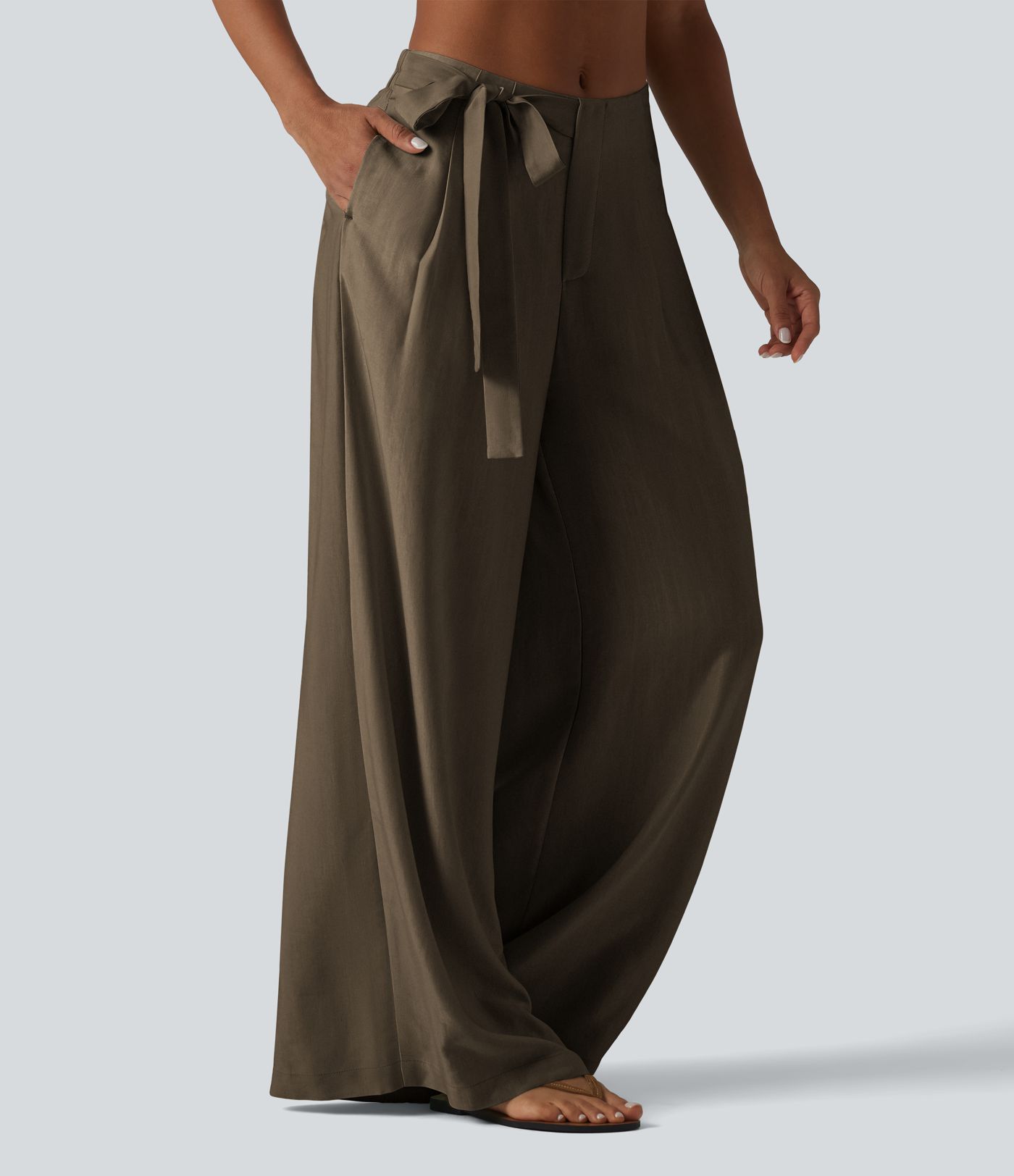High Waisted Tie Side Baggy Linen-Blend Pants with Pockets