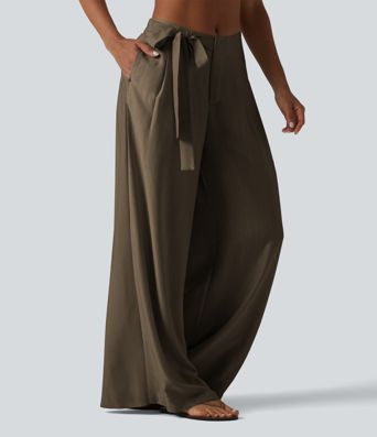 High Waisted Tie Side Baggy Linen-Blend Pants with Pockets