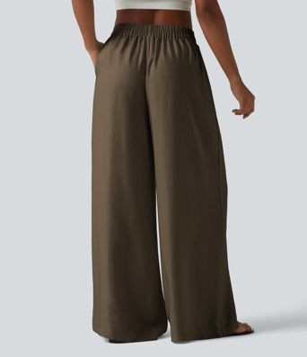 High Waisted Tie Side Baggy Linen-Blend Pants with Pockets