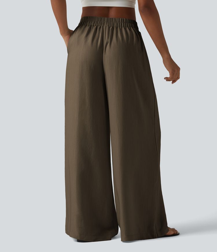 High Waisted Tie Side Baggy Linen-Blend Pants with Pockets
