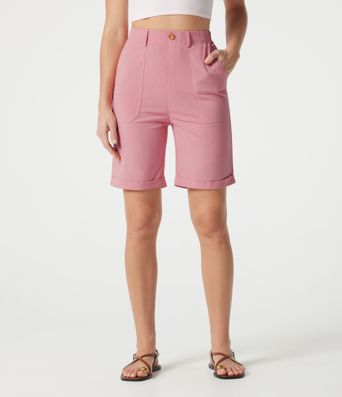 High-waisted Rolled Hem Casual Stretch Linen Bermuda Shorts with Pockets High-waisted Rolled Hem Casual Stretch Linen Bermuda Shorts with Pockets