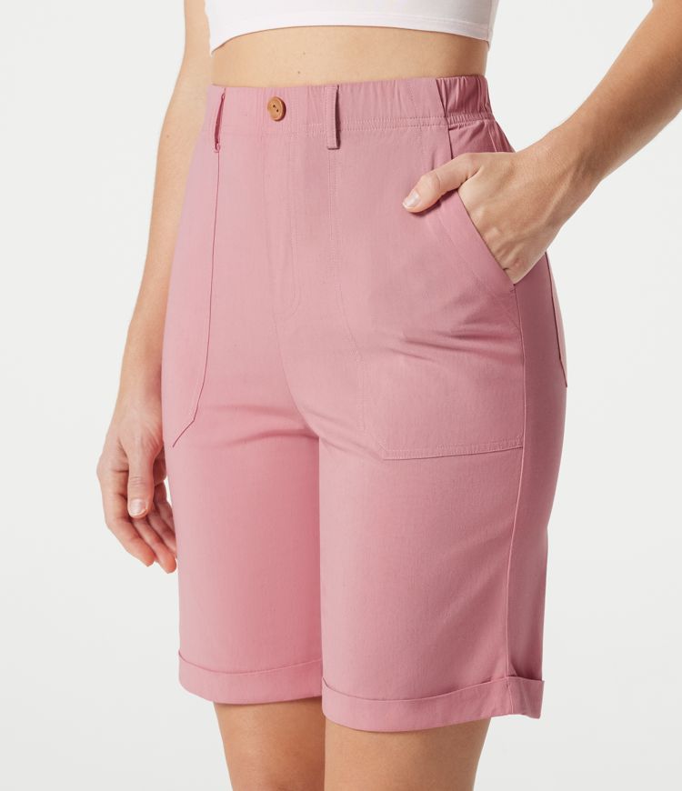 High-waisted Rolled Hem Casual Stretch Linen Bermuda Shorts with Pockets High-waisted Rolled Hem Casual Stretch Linen Bermuda Shorts with Pockets