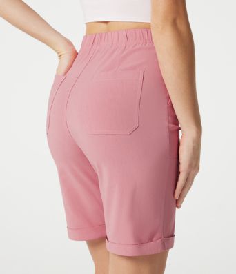 High-waisted Rolled Hem Casual Stretch Linen Bermuda Shorts with Pockets High-waisted Rolled Hem Casual Stretch Linen Bermuda Shorts with Pockets