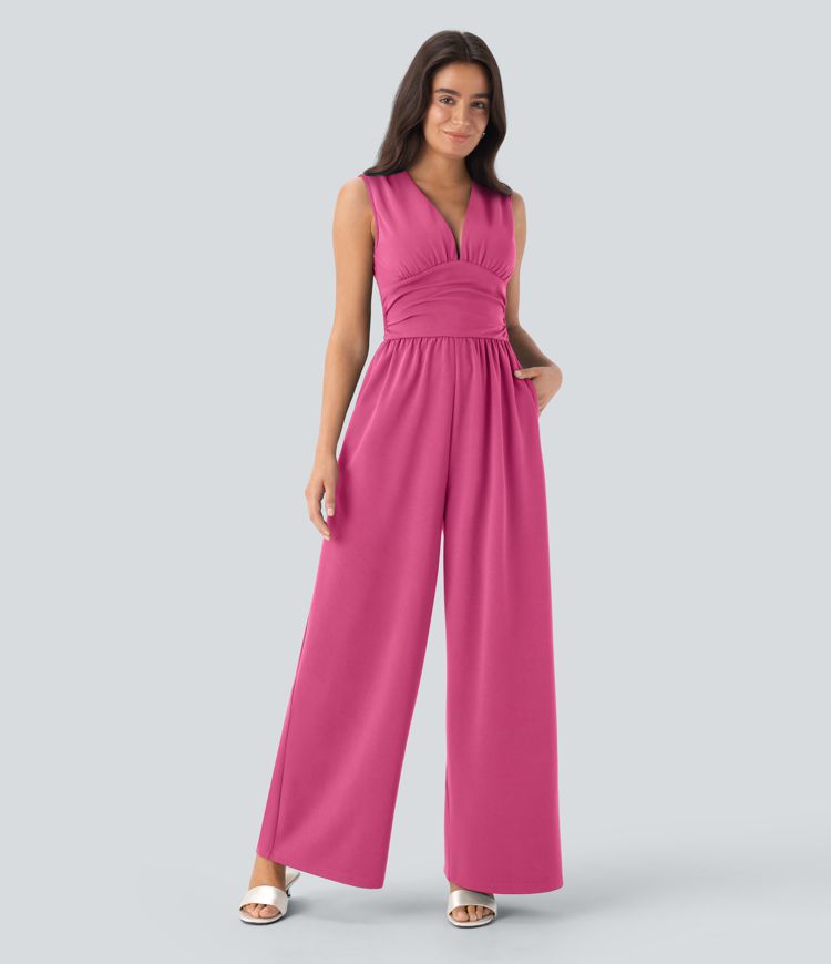 Ärmelloser, geraffter Party-Jumpsuit mit V-Ausschnitt, Seitentaschen und unsichtbarem Reißverschluss - pipi-praktisch