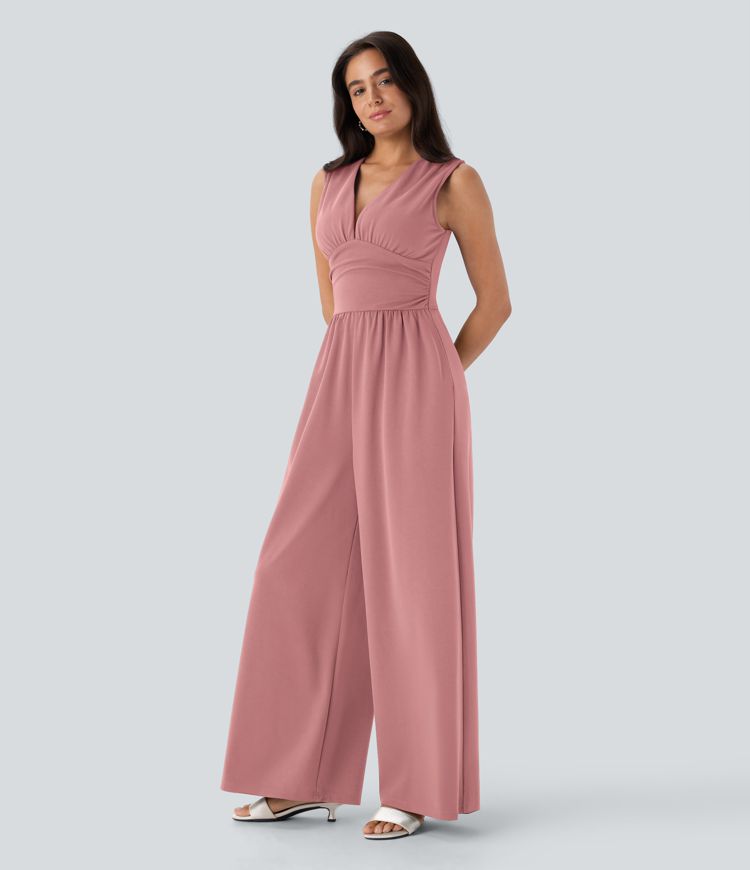 V Neck Sleeveless Ruched Pocket Jumpsuit-Easy Peezy