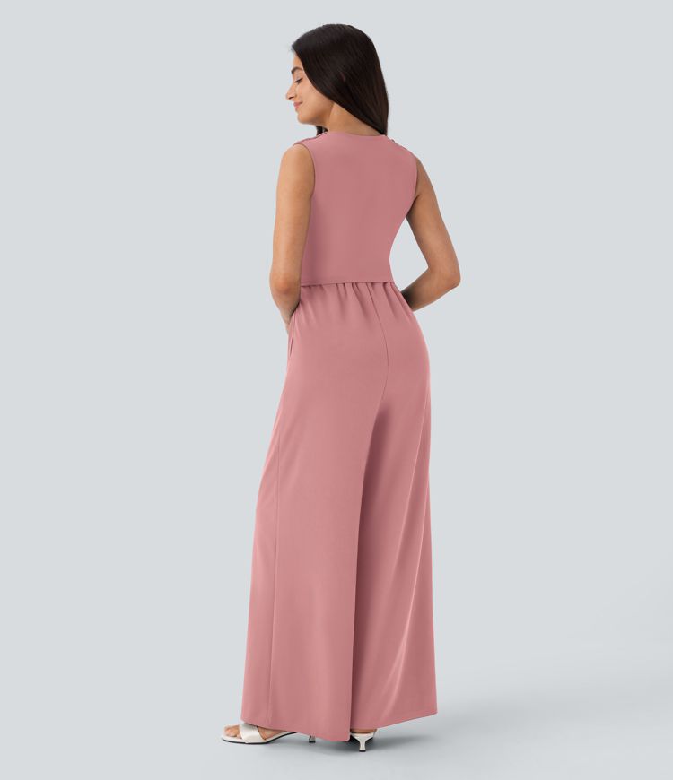 V Neck Sleeveless Ruched Pocket Jumpsuit-Easy Peezy