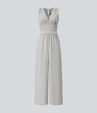 V Neck Sleeveless Ruched Pocket Jumpsuit-Easy Peezy V Neck Sleeveless Ruched Pocket Jumpsuit-Easy Peezy