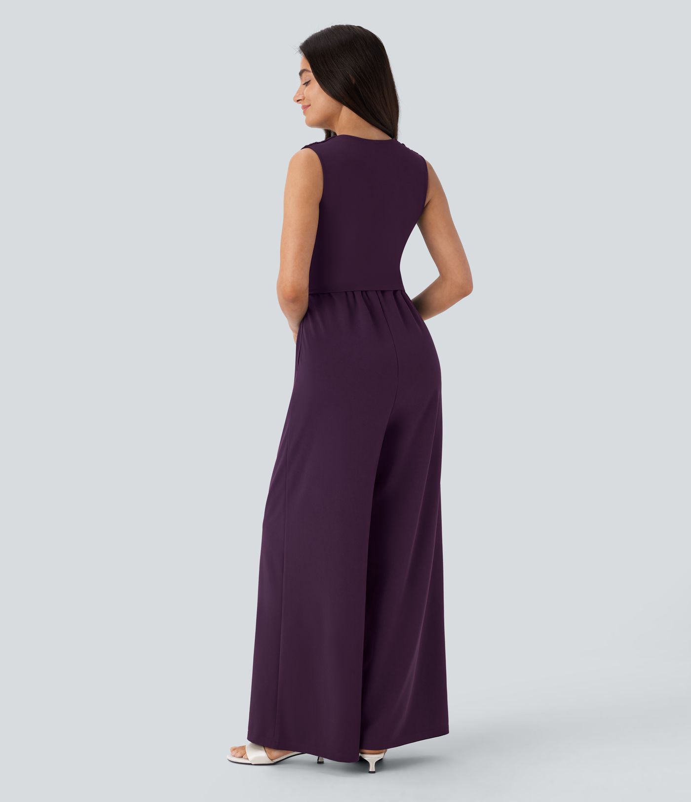 V Neck Sleeveless Ruched Pocket Jumpsuit-Easy Peezy