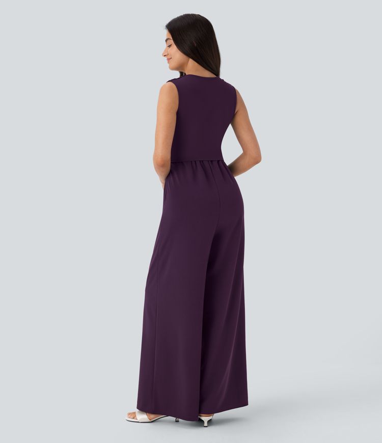 V Neck Sleeveless Ruched Pocket Jumpsuit-Easy Peezy