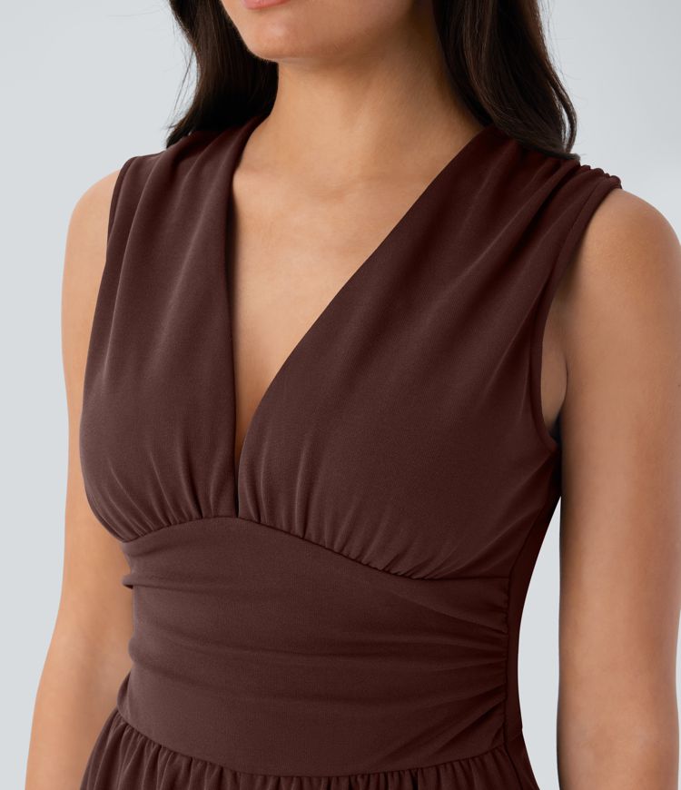 V Neck Sleeveless Ruched Pocket Jumpsuit-Easy Peezy