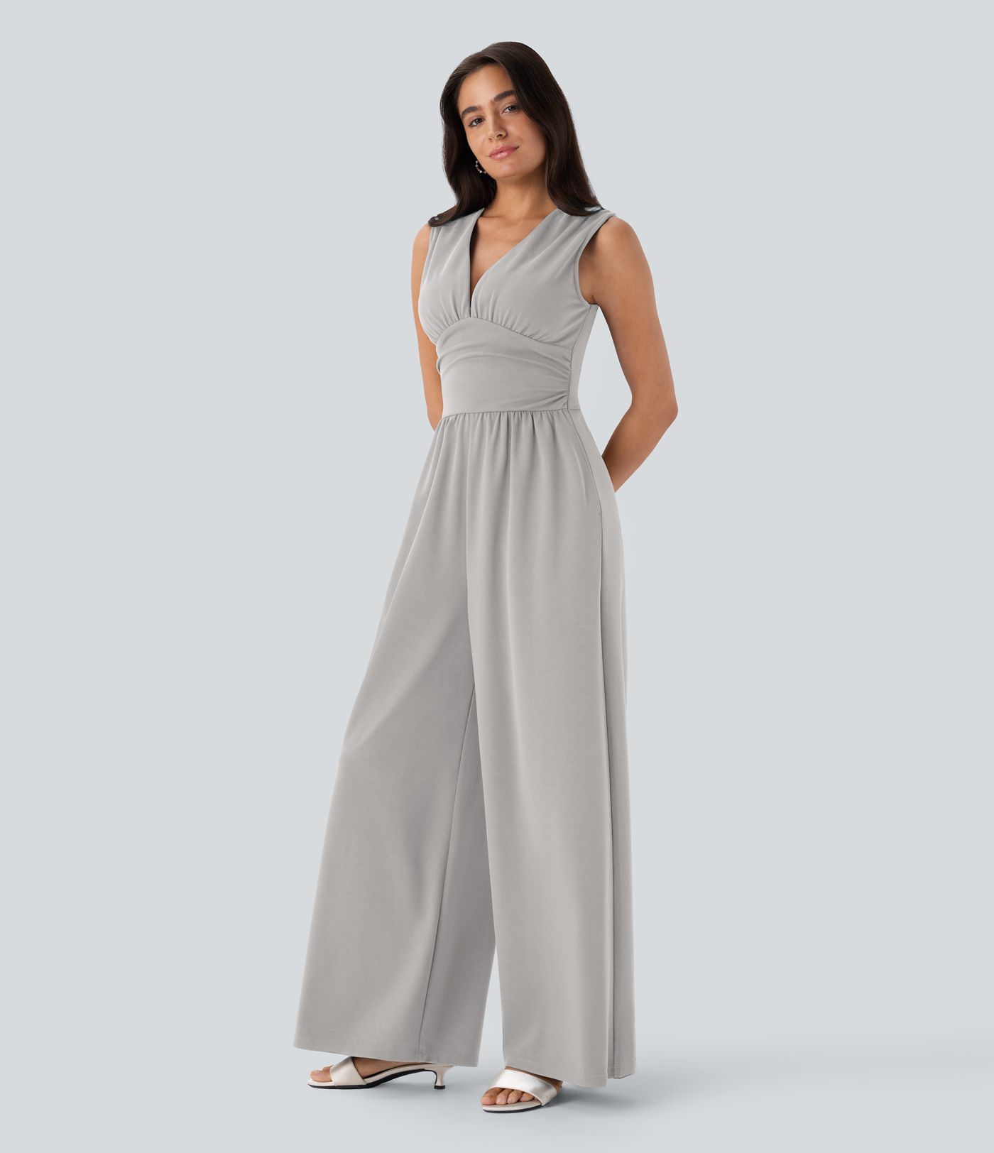 V Neck Sleeveless Ruched Pocket Jumpsuit-Easy Peezy V Neck Sleeveless Ruched Pocket Jumpsuit-Easy Peezy