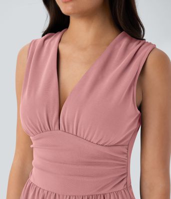 V Neck Sleeveless Ruched Pocket Jumpsuit-Easy Peezy