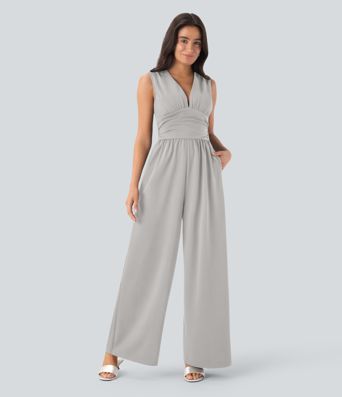 V Neck Sleeveless Ruched Pocket Jumpsuit-Easy Peezy V Neck Sleeveless Ruched Pocket Jumpsuit-Easy Peezy
