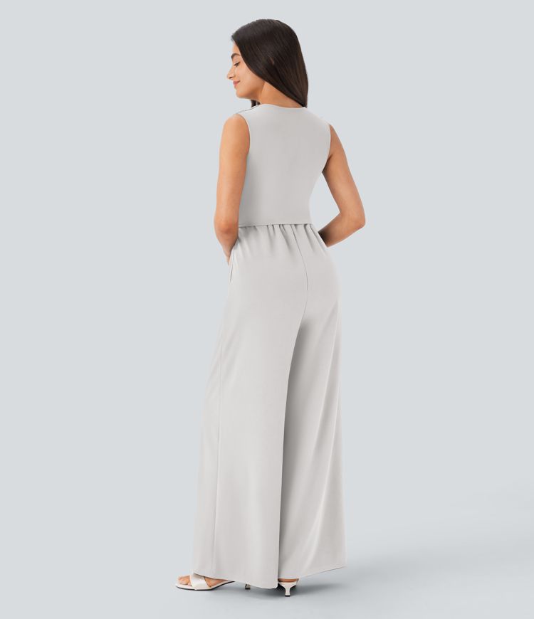 V Neck Sleeveless Ruched Pocket Jumpsuit-Easy Peezy V Neck Sleeveless Ruched Pocket Jumpsuit-Easy Peezy