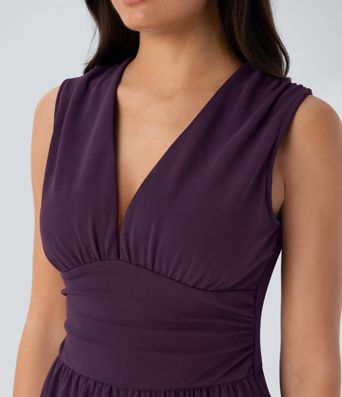V Neck Sleeveless Ruched Pocket Jumpsuit-Easy Peezy