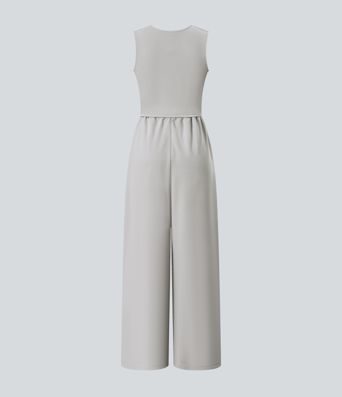 V Neck Sleeveless Ruched Pocket Jumpsuit-Easy Peezy V Neck Sleeveless Ruched Pocket Jumpsuit-Easy Peezy