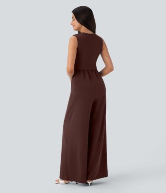 V Neck Sleeveless Ruched Pocket Jumpsuit-Easy Peezy
