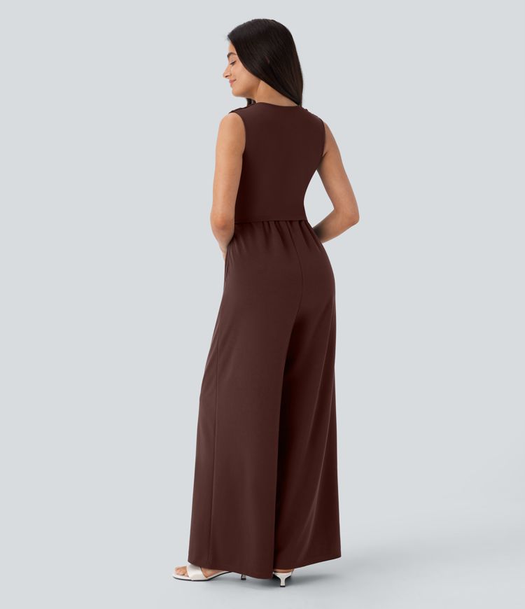 V Neck Sleeveless Ruched Pocket Jumpsuit-Easy Peezy