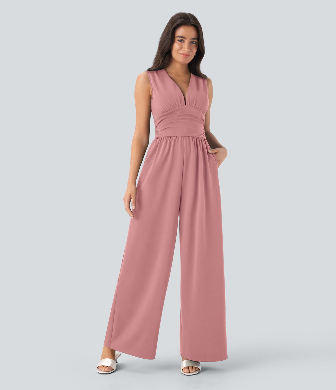 V Neck Sleeveless Ruched Pocket Jumpsuit-Easy Peezy