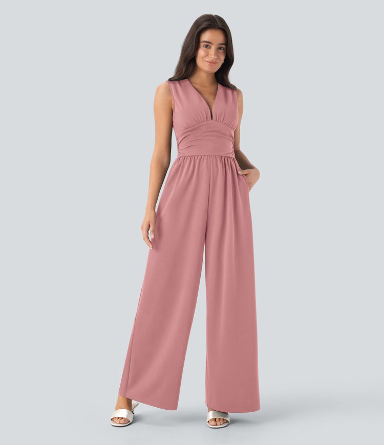 V Neck Sleeveless Ruched Pocket Jumpsuit-Easy Peezy