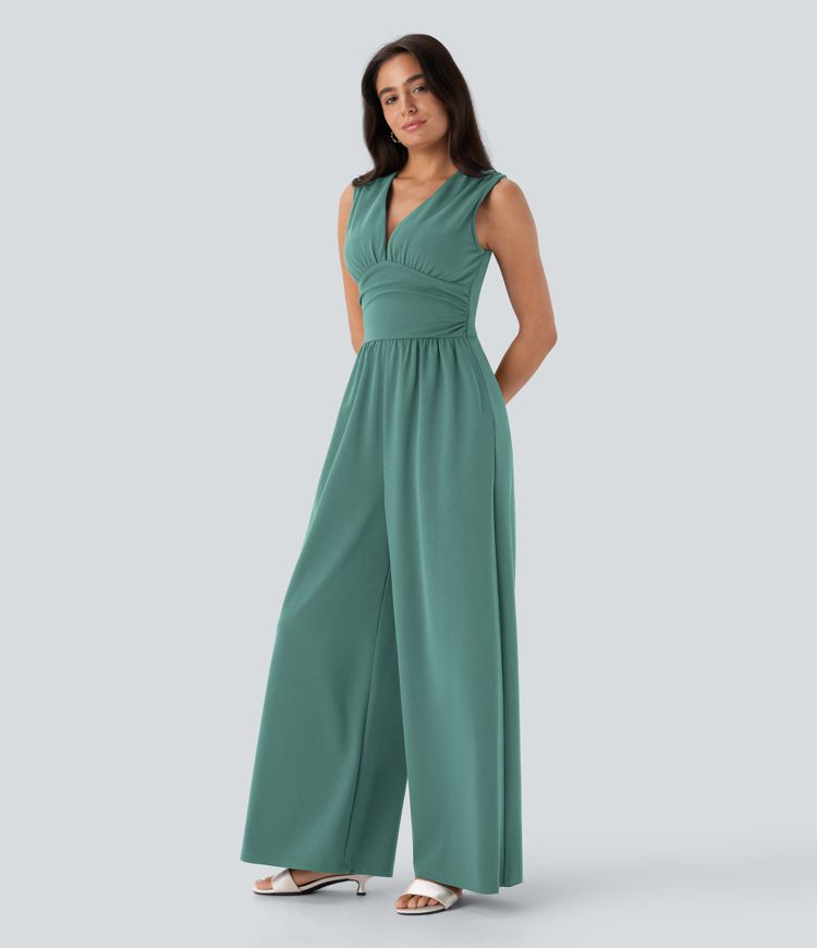 V Neck Sleeveless Ruched Pocket Jumpsuit-Easy Peezy