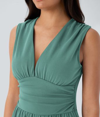 V Neck Sleeveless Ruched Pocket Jumpsuit-Easy Peezy