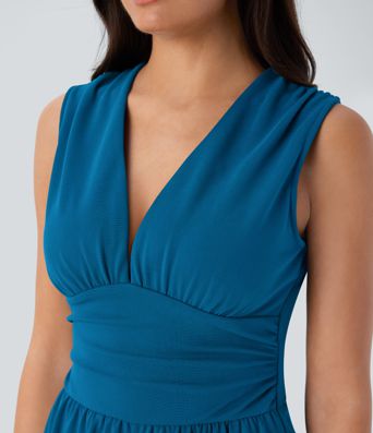V Neck Sleeveless Ruched Pocket Jumpsuit-Easy Peezy