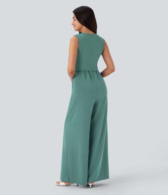 V Neck Sleeveless Ruched Pocket Jumpsuit-Easy Peezy
