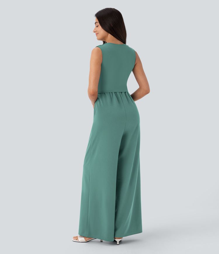 V Neck Sleeveless Ruched Pocket Jumpsuit-Easy Peezy