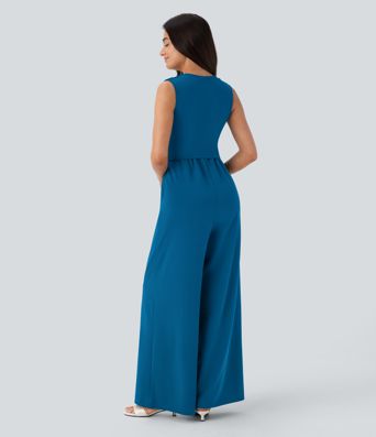V Neck Sleeveless Ruched Pocket Jumpsuit-Easy Peezy
