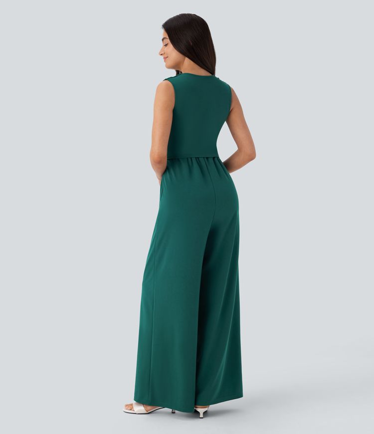 Ärmelloser, geraffter Party-Jumpsuit mit V-Ausschnitt, Seitentaschen und unsichtbarem Reißverschluss - pipi-praktisch