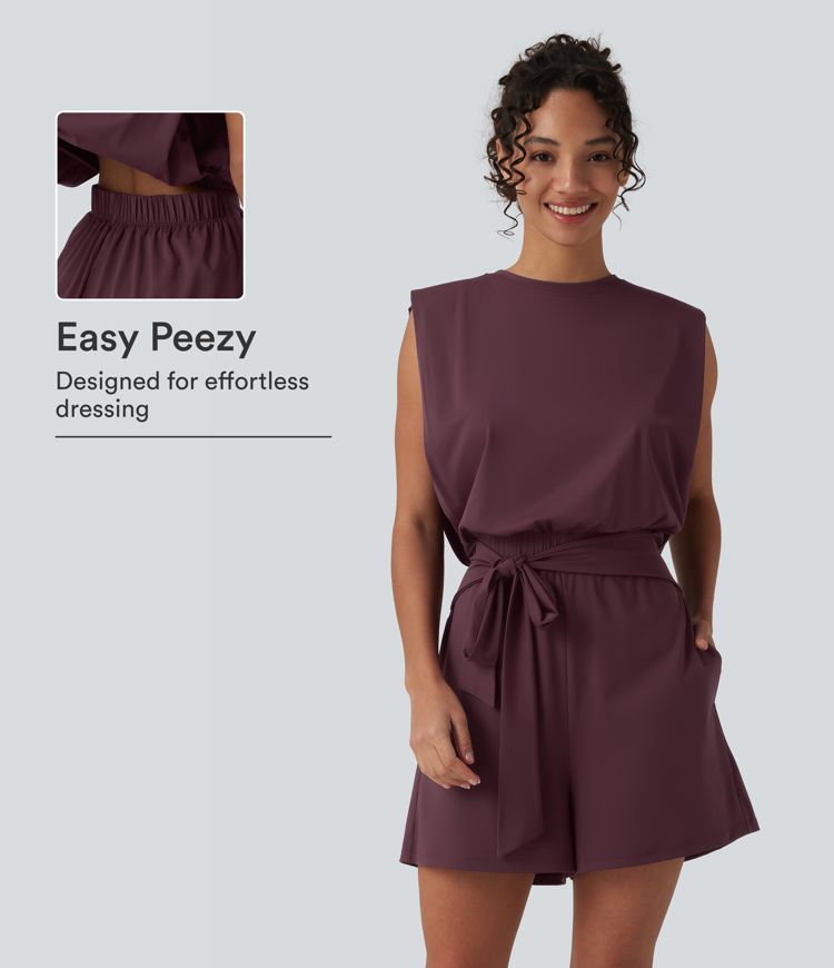 Round Neck Sleeveless Tie-front Cool Touch Casual Romper with Pockets-Easy Peezy-UPF50+ Round Neck Sleeveless Tie-front Cool Touch Casual Romper with Pockets-Easy Peezy-UPF50+