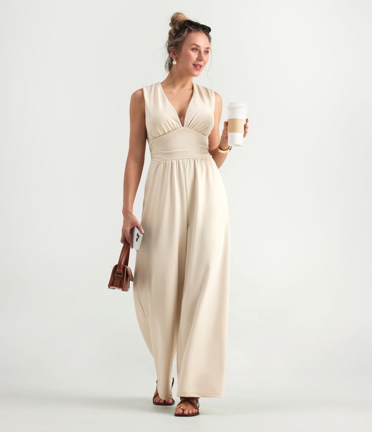 V Neck Sleeveless Ruched Pocket Jumpsuit-Easy Peezy