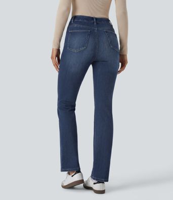 Halara Flex™ Jeans casuales de talle alto con bolsillos lavados y corte acampanado