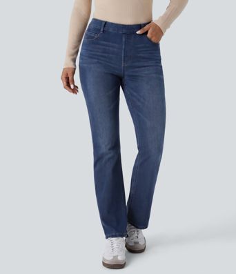 Halara Flex™ Jeans casuales de talle alto con bolsillos lavados y corte acampanado