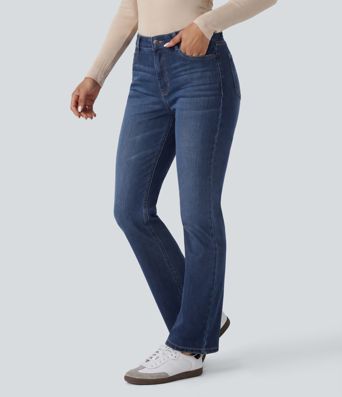 Halara Flex™ Jeans casuales de talle alto con bolsillos lavados y corte acampanado