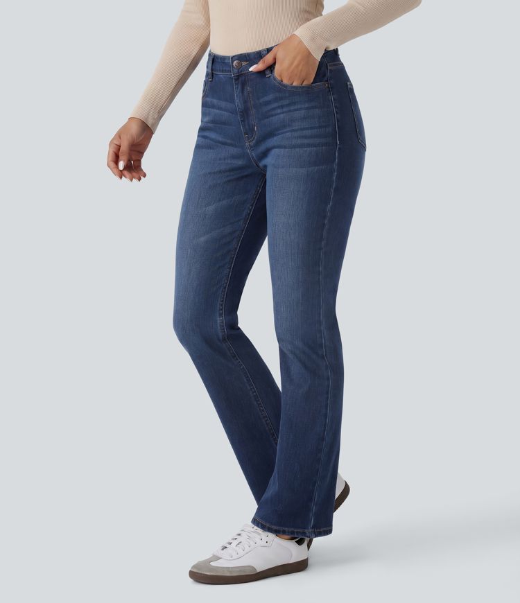 Halara Flex™ Jeans casuales de talle alto con bolsillos lavados y corte acampanado