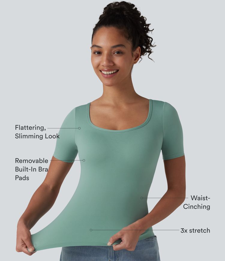 Scoop Neck Short Sleeve Built-in Bra Casual T-Shirt B-E Cups