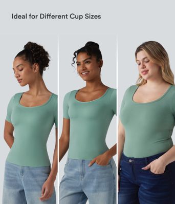 Scoop Neck Short Sleeve Built-in Bra Casual T-Shirt B-E Cups