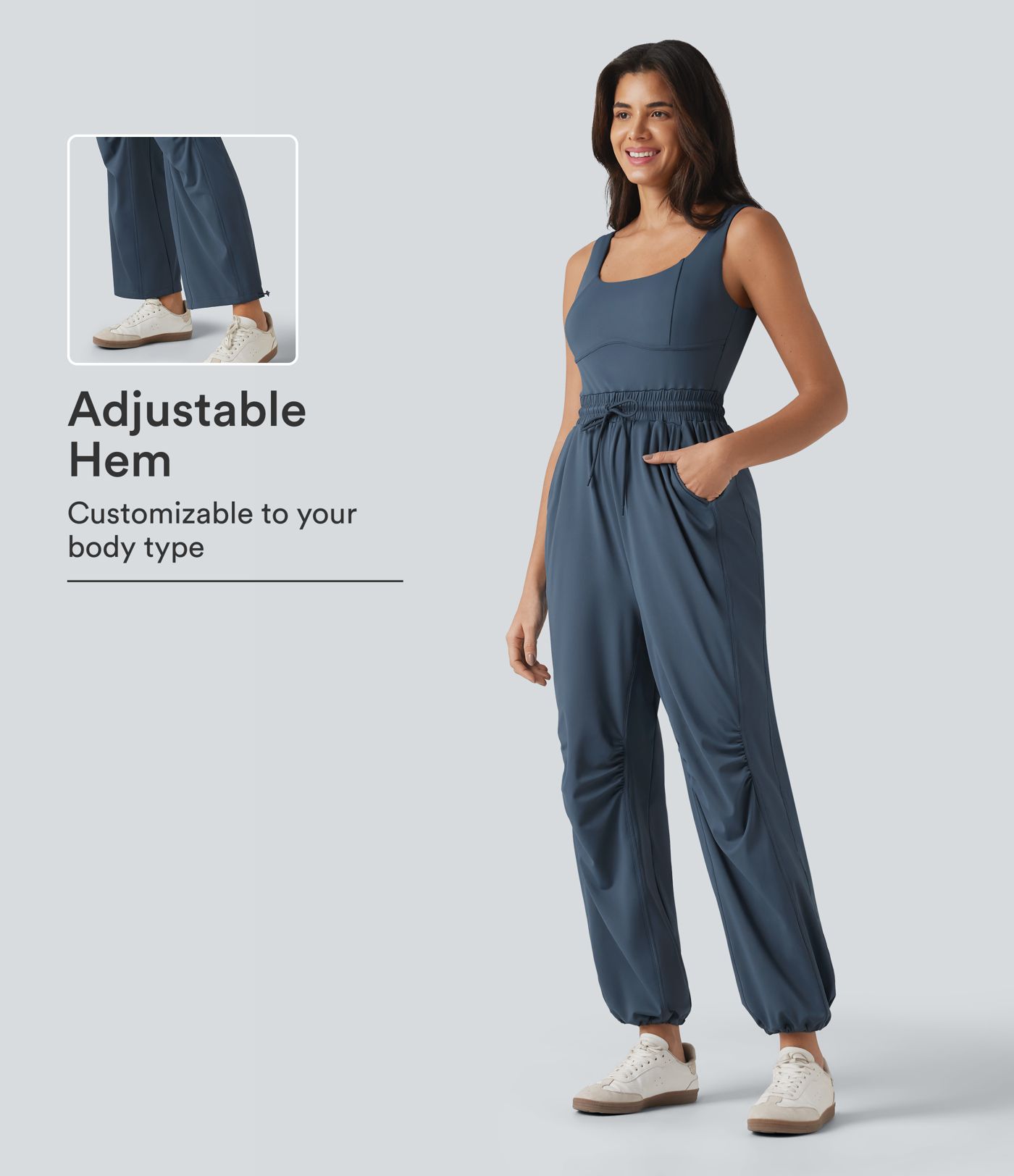 U-neck Sleeveless Drawstring Ruched Casual Jumpsuit with Pockets U-neck Sleeveless Drawstring Ruched Casual Jumpsuit with Pockets