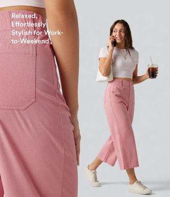 High Waisted Wide Leg Cropped Casual Stretch Linen Pants with Pockets