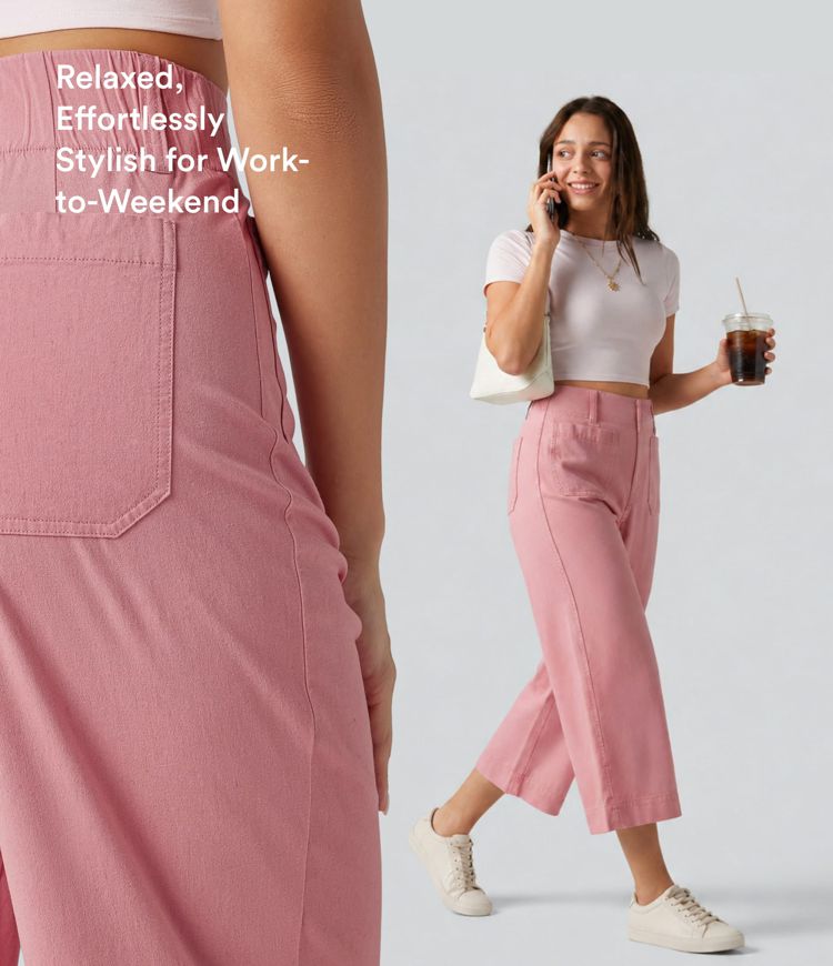 High Waisted Wide Leg Cropped Casual Stretch Linen Pants with Pockets
