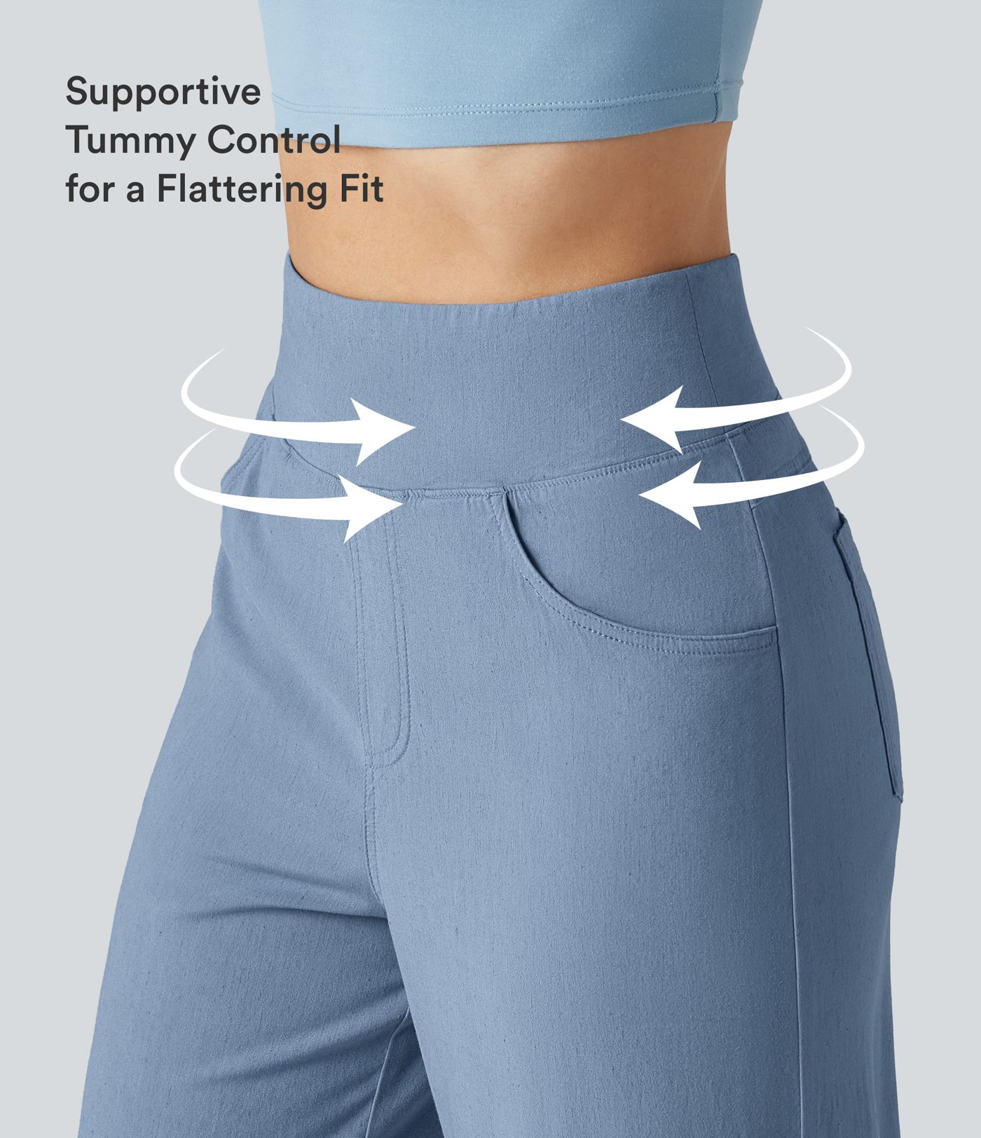 High Waisted Tummy Control Wide Leg Casual Stretch Linen Pants with Pockets