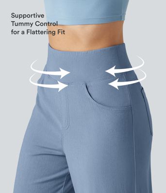 High Waisted Tummy Control Wide Leg Casual Stretch Linen Pants with Pockets