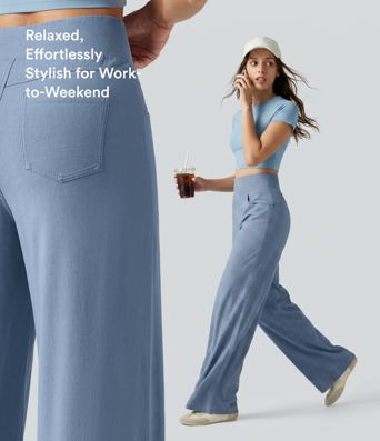 High Waisted Tummy Control Wide Leg Casual Stretch Linen Pants with Pockets