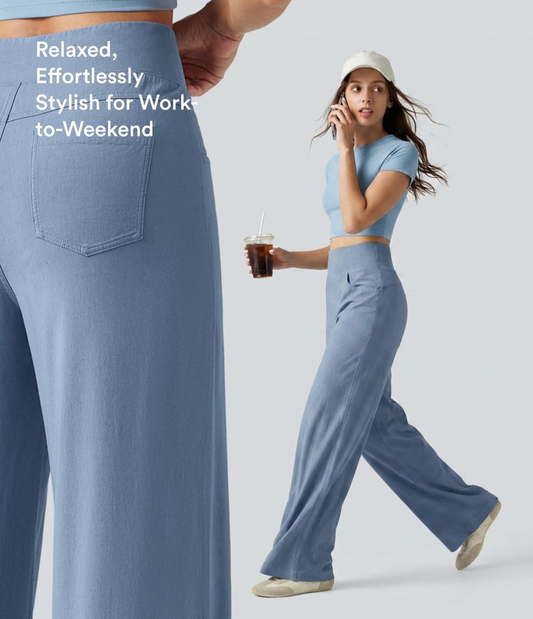 High Waisted Tummy Control Wide Leg Casual Stretch Linen Pants with Pockets