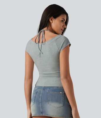 Halara Cotton Jersey Short Sleeve Tie-back Ruched 2-in-1 Casual T-Shirt