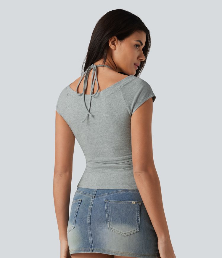 Halara Cotton Jersey Short Sleeve Tie-back Ruched 2-in-1 Casual T-Shirt